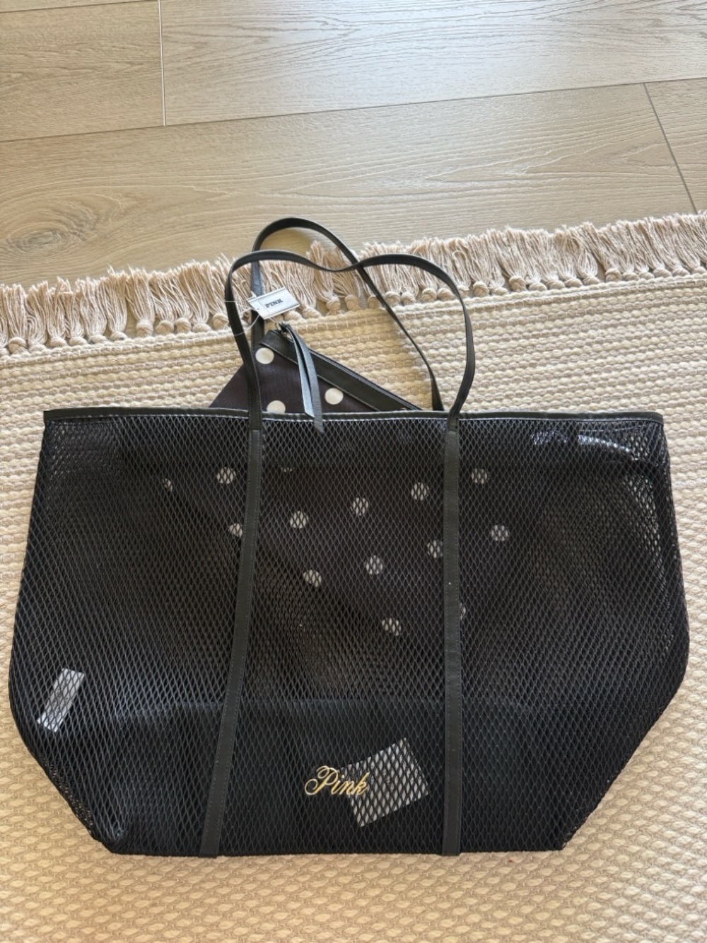 Victoria's Secret Mesh Tote and Pouch Beach Set 2 Piece Set Black NWT